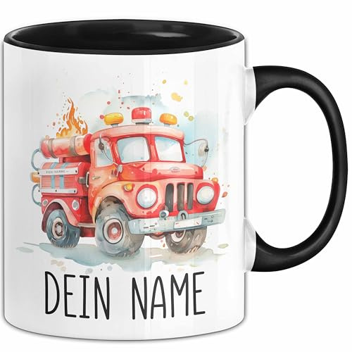 Feuerwehr Auto Tasse mit Namen – Personalisierte Tasse Geburtstag Geschenkidee süßes Feuerwehr Automotiv Namenstasse (Schwarz)