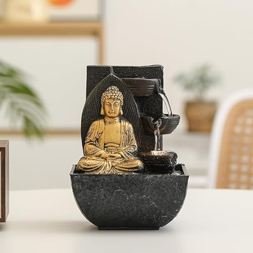 Fontana del Buddha, Cascata da Tavolo del Giardino Zen con luci a LED - Decorazione da Tavolo per Interni per l'home Office, Regalo per Il Relax