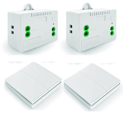 DOMO-MATIC Interruptor de luz cinetico inalámbrico RF de pared y controlador Rele 10A con fusible sin cablear, pulsador sin pila (2 Receptores + 2 interruptores)