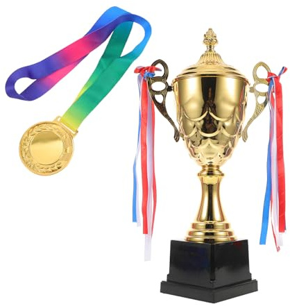 POPETPOP Ensemble Trophée de Cérémonie 42 Cm en Métal Doré avec Médaille de Compétition Or et Ruban – Coupe Récompense Sportive pour Tournois, Clubs et Événements Athlétiques
