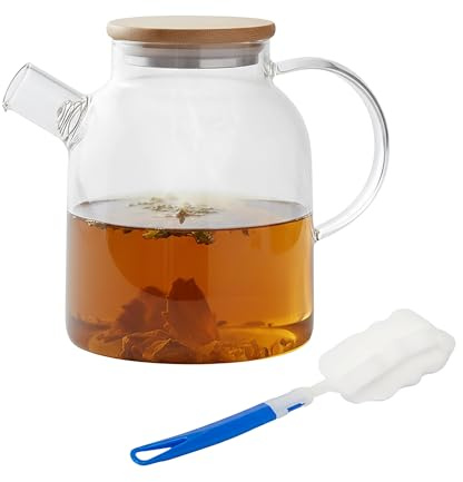 Relaxdays Teekanne Glas, Bambusdeckel, 1,8 Liter, mit Ausgusssieb, Glaskanne für losen Tee & Kaltgetränke, transparent