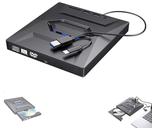 Retro Laptop CD DVD Player USB C 3.0 Portable CD Burner,Multifunctional External Optical Drive DVD Burner, Ultra Slim Plug-and-Play with U Disk & Card Expansion (Read/Write with Blu-ray Read)