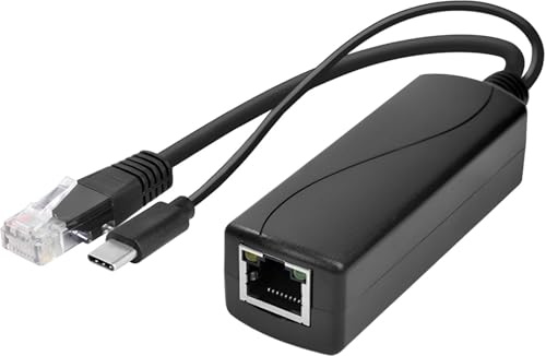PoE USB C Splitter 5V 3A, Gigabit Type C IEEE 802.3af/at Standard 1000Mbps | 8P8C PoE Adapter Ethernet and USB C Plug with RJ45 Port, Switch Power Over Ethernet Splitter for SBCs Cameras Monitors