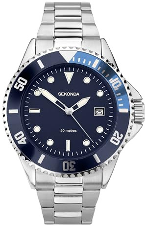 Sekonda Wave Mens Watch – 39mm Sports Watch for Men with Blue Dial, Rotating Bezel, Stainless Steel Bracelet and Date Window – 50m Water Resistant – 2 Year Warranty