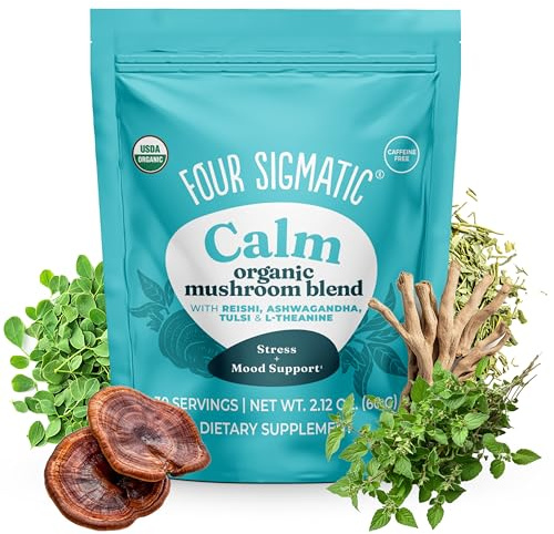 Four Sigmatic Calm Mushroom Blend | Adaptogen Supplement with Ashwagandha, Reishi, Tulsi, Cordyceps, Chaga, Rose Hips, and More | Natural Stress Relief and Immune Support Supplement | 30 Servings