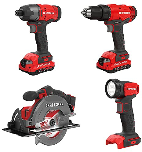 CRAFTSMAN V20 MAX Cordless Power Tool Kit, Circular Saw with 6 1/2 inch Blade, 1/4 inch Impact Driver, 1/2 inch Drill/Driver, LED Task Light, Battery and Charger Included (CMCK401D2AM)