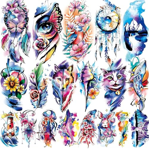 79 feuilles de tatouages temporaires réalistes pour femmes, autocollants de faux tatouages aquarellés pour le bras des filles, tatouages temporaires permanents et tatouages de mains pour adultes