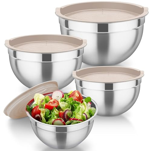 TEAMFAR Rührschüssel, 4 Stück Edelstahl Schüssel Salatschüssel mit Luftdicht Deckel, Schüsselset für Küche, 4,5/3/1,5/1,2L, Spülmaschinenfest - Khaki