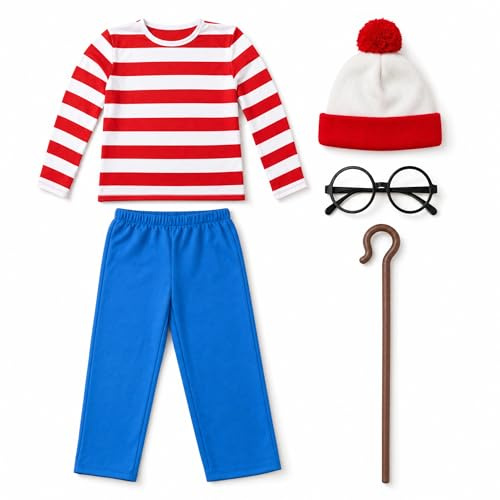 Morph Kids Röd Vit Randig Bokkaraktärsdräkt Set Barn, Klassisk Karaktärdräkt med Tillbehör, Strl S-L, M