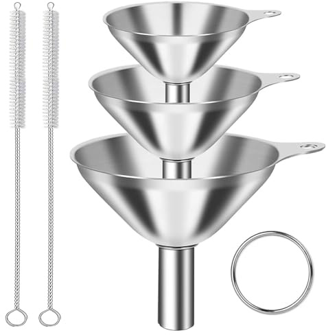 3 Stück Trichter Edelstahl, Mini Strainer KücheTrichter mit Griff und mit 2 Reinigungsbürste,Metall Einfülltrichter Set,Stapelbarer Kleiner Trichter für Übertragen von Flüssigkeit, Kochölen,Pulver