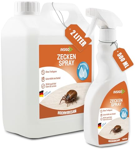INSIGO Zecken Spray 2l Kanister + 500ml Sprühflasche - Zeckenspray mit mechanischer Wirkung - Effektive Abwehr gegen Zecken und Larven - Zecken und Larven Spray mit Sofortwirkung