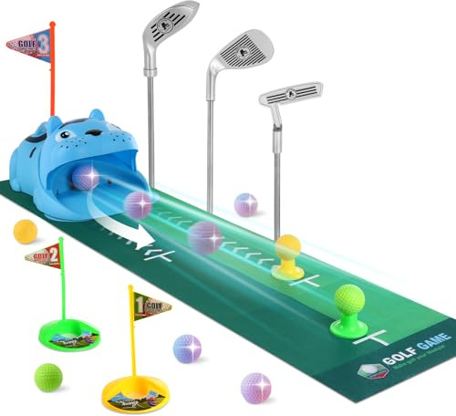 Upgraded Kids Toy Golf Set with Tiger Automatic Golf Returner, 4 Led Glowing Balls, 3 Durable Clubs for 3-7 Toddler Mini Golf Games, Indoor Outdoor Sports Toys for Boys Girls