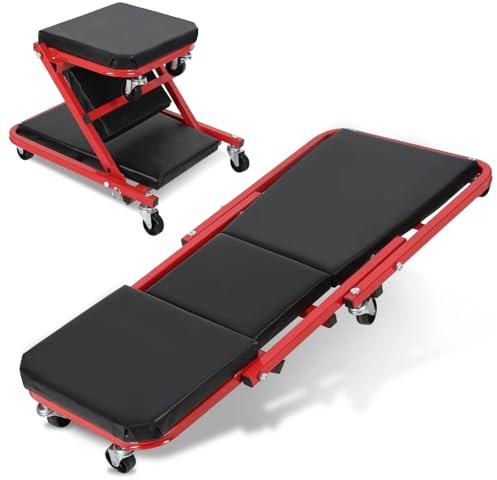 Jaxguom Tabla de montaje 2 en 1 para taller, hasta 150 kg, taburete de taller, camilla de montaje con ruedas de 360°, tumbona de taller y asiento con ruedas, función de asiento y reclinación para