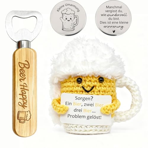 3-teiliges Gestrickte Bierbecher Geschenkset, 1 Handgestrickte Bierpuppe, 1 Flaschenöffner & 1 Glücksbringer Münze, Anti Stress Gestrickte Pocket Hug Emotional Support Bier Geschenke für Männer