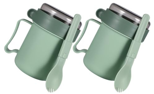 LALADEFIEE Bols à Soupe Récipient pour Aliments Chauds Lot de 2 Verts en Pp avec Couvercle et Cuillère Intégrée Micro-ondable, pour Repas Rapides et Voyages