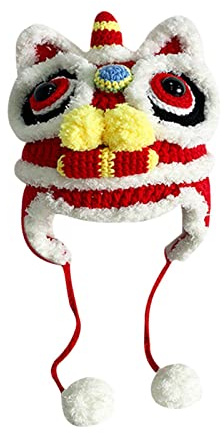 Zani Puff Chinese New Year Hat for Kids - Tiger Shaped Headdress with Pom Pom, Red Traditional Spring Festival Costume Accessory