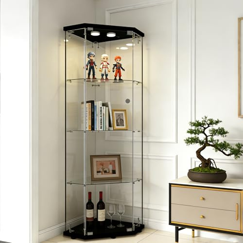AUFHELLEN Eck-Glasvitrine mit LED-Beleuchtung in Schwarz 161,4 cm Hoch