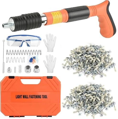 Pistola de clavos manual para hormigón y acero, ajuste de 5 niveles – Juego completo con 220 clavos, pistola de clavos mini manual, dispositivo de disparo de pernos silencioso para montaje en techo