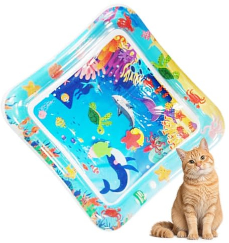 Tapis de jeu sensoriel aquatique pour chats, coussin de refroidissement interactif avec poissons flottants, tapis d'eau épais anti-rayures pour chat, jouet frais d'été pour chats d'intérieur