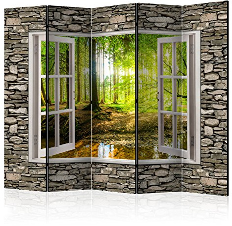 RAUMTEILER/PARAVENT B&D XXL - Paravent Raumteiler Innen Fensterblick Fenster Landschaft 225x172cm 5-teilig Einseitig Raumtrenner Trennwand Holz Room Divider Spanische Wand Raum Abtrennung grün beige