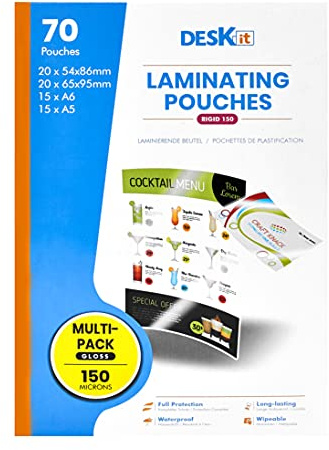 Deskit A5 A6 and Small Sizes Laminating Pouches, Glossy, 150 Microns, Multipack of 70 - Clear and Durable Presentations - Ideal for Small Projects at Home, Office or Events
