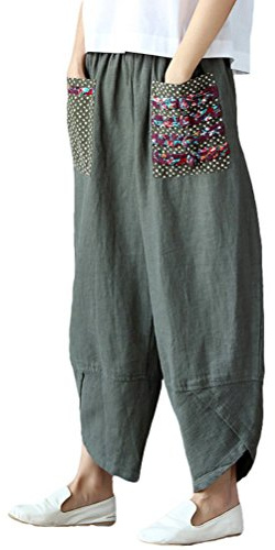 FTCayanz Femmes Pantalon Large Jambe Lin Rétro Sarouel Taille Élastique Vert armée L