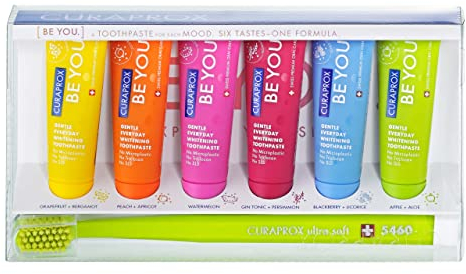 Curaprox Be You Six-Taste-Pack, Probier-Set mit allen 6 verschiedenen Zahnpasten der Be-you-Linie, 6x 10 ml Zahnpasta und 1x Zahnbürste CS 5460
