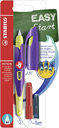 STABILO - Ergonomischer Schulfüller für Rechtshänder mit Standard-Feder M - EASYbirdy in violett/gelb - inkl. Patrone und Einstellwerkzeug - blau (löschbar)