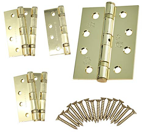 Door Hinges 4 102mm Ball Bearing, 3 Pairs (6 Hinges + Screws) Polished Brass
