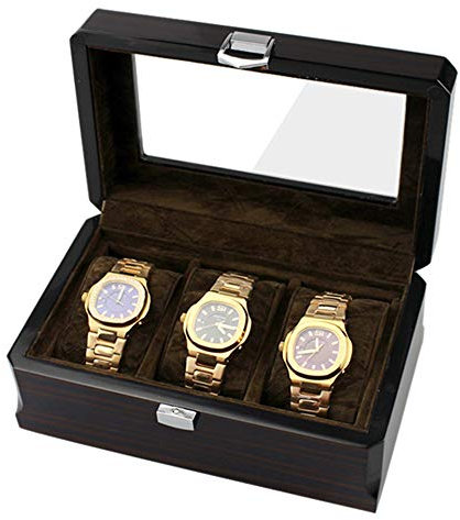 Watch storage box Holzfarbe mit luxuriösem Display für Sicherheitsschlossuhren, bietet Platz für 3 Uhren, mit transparenter oberer Abdeckung und beweglichem kleinem Kissen