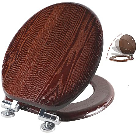 Angel Shield Toilet Seat Round Wood with Slow Close,Easy Clean,Quick-Release Hinges (Round,Dark Walnut)