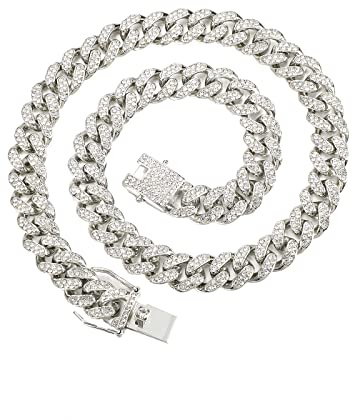 FEEL STYLE Mens Cuban Link Chain Gold Silver Plated Bling Miami Cuban Necklace Chain for Men 13MM Iced Out Hip Hop Jewelry 18-24inch (Silver, 18inch)