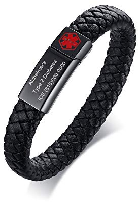 PJ JEWELLERY Personalised Engraving Genuine Braided Leather with Stainless Steel Medical Alert Magnetic Clasp ID Bracelets for Men Medical ID Wristband