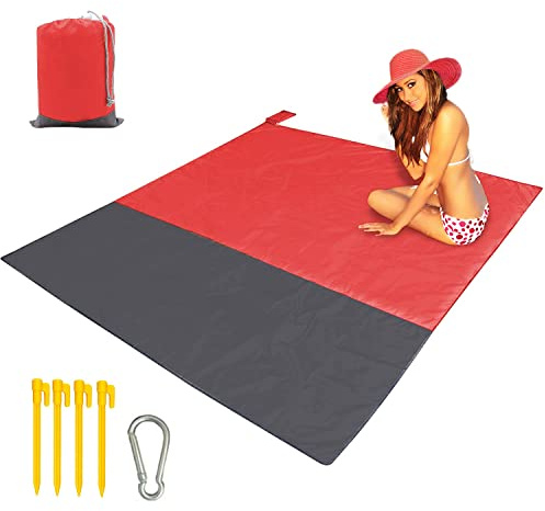 Beach Blanket XL Fast Drying Durable Lightweight Compact Outdoor Mat 83x 79 - Sandproof Waterproof Picnic Mat for Travel, Camping, Hiking (Red)