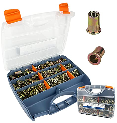 860pcs Rivet Nut Kit, SAE UNC Rivet Nuts Assortment 6#-32, 8#-32, 10#-24, 1/4-20, 5/16-18, 3/8-16, 1/2-13, Zinc Plated Finish, Carbon Steel Flat Head Insert Threaded Rivet Nut Tool Kit with Case