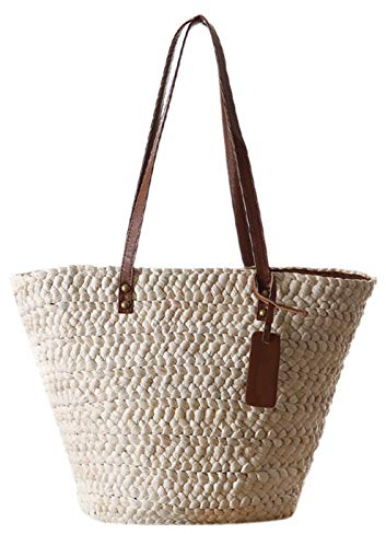 Nrkin Stroh Strand Tasche, Schultertasche Damen Sommer Handtasche Frauen Weben Eimer Tasche Korbtasche Basttasche Outdoor Casual Tasche für Reise Schule Arbeit Einkaufen, Beige