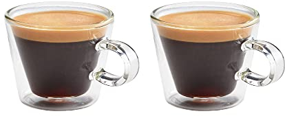 Judge Duo Flare Set of 2 Espresso Glass Coffee Cups with Handle, Hollow Vacuum Sealed, Heat Resistant, 75ml Espresso Cup