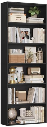 FirFurd Bookcase 6 Tiers Bookshelf Black Tall Display Shelf Freestanding Wooden Storage Unit for Living Room Bedroom Office 60x23.5x180cm