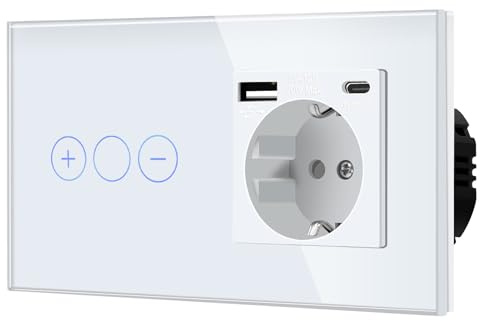 BSEED DimmSchalter mit Steckdose USB C für LED-Lampen, Non-wifi Schalter aus Glas, 240V für eine perfekte Listimmungsvolle, 1 Fach 1 Weg Weiß