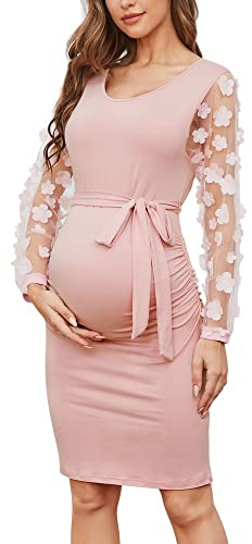 Robe midi de maternité à Manches Longues en Tulle Floral, Robe Moulante de maternité pour l'automne, idéale pour Une Baby Shower ou Une séance Photo, Rose, Taille L