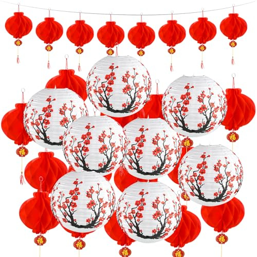 Mototo Il set di 30 lanterne di carta cinesi e giapponesi include 8 lanterne di carta giapponesi con fiori di ciliegio e 22 lanterne rosse cinesi per festival di primavera, Capodanno, matrimoni e