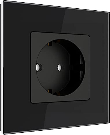 PULSAR Steckdose Unterputz 1-Fach Glas Schwarz, Schuko-Wandsteckdose 16A | Steckdose Schwarz 1-Fach Glas Unterputz, Schuko Wandsteckdose 16A 86 x 86mm mit Kindersicherung in Glasrahmen