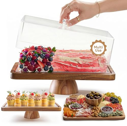 HOMESPHERE Acacia Wood Cake Stand with Lid - Rectangular Cake Holder, 2-in-1 Dessert Table Display Set & Charcuterie Board for Cheese, Chips, Fruit Platter, Large Acrylic Cake Dome Cover, No Glass