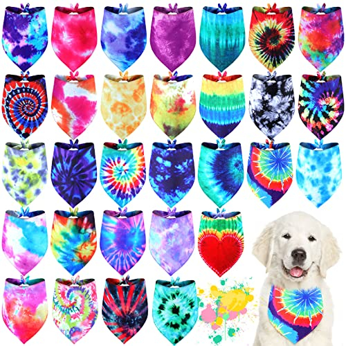 Silkfly 30 Pack Summer Spring Tie Dye Dog Bandanas, Bulk Dog Bandana for Dogs, Washable Rainbow Triangle Pet Kerchief Scarf Bibs for Outdoor Travel Camping Party Photo Props, 30 Styles(Large)