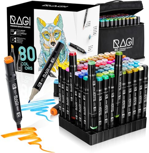 RAGI Alkohol Marker Stifte Set - 80 Twin Marker in Intensive Farben - Filzstifte Doppelseitig zum Malen von Illustrationen, Schnell Trocknend, Wasserfest und Sicher - Set mit Basis in Schwarzer Tasche