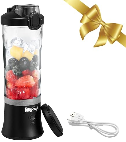 Total Chef Portable Mini Blender Cordless Personal Smoothie Maker 600ml Fruit Veggie Juicer Cup with Lid 6 Blades USB Rechargeable Ideal for Baby Food Gym Travel Sport On The Move Home Office Black