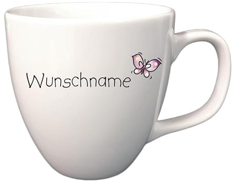 Doriantrade Kaffeebecher Tasse Porzellan Kaffeetasse 400ml Weiß Schmetterling personalisierbar mit Wunschname Name Namen Geschirr personalisiert