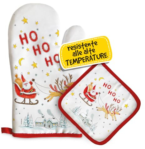 Set Guanto Forno e Presina Natalizia, Idee Regalo Natale Donna, Mamma e Nonna, Utili ed Originali per la Casa e Cucina, Personalizzati Con Illustrazione Originale Babbo Natale su Slitta con Le Renne