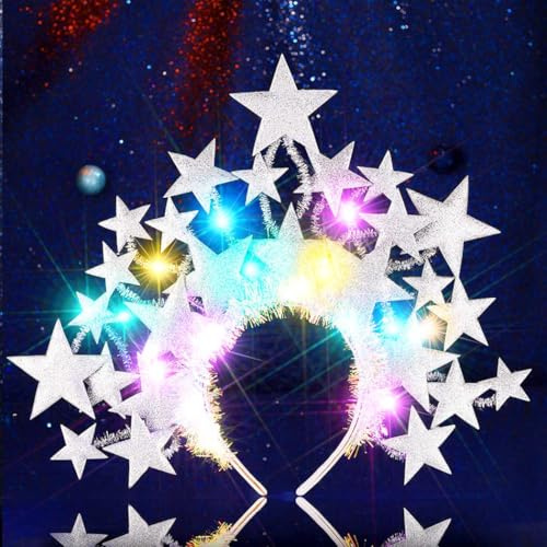 Fashband Leuchtendes Stern-Stirnband, glitzernde Sterne, Tiara, Halo-Krone, Stirnbänder, LED-Festival, Weihnachten, Karneval, Party, Haarschmuck für Frauen und Mädchen (Silber)