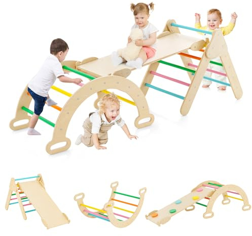 DREAMADE Échelle d’Escalade avec Triangle/Arche/Rampe pour Enfants de 1+ Ans, Aire de Jeux Éducatif en Bois pour Garçons et Filles, Convient à Maternelle, Maison (Multicolore)
